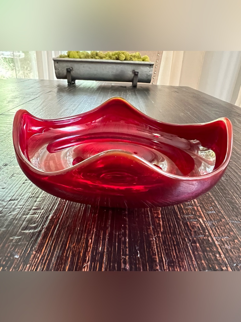 Vintage Viking Art Glass Epic Ruby Red 4-Point Bowl MCM Scalloped Candy Dish